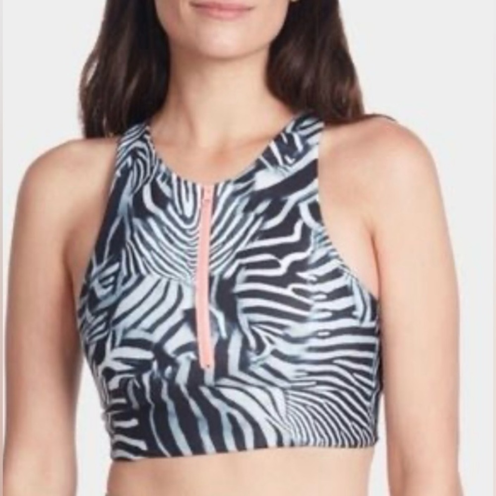 Betsy Johnson zebra animal print neon orange zip up racerback bra gym sexy black
